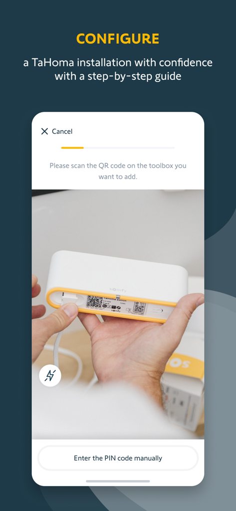 TaHoma pro by Somfy - Schermata dell'app TaHoma pro che mostra la scansione del codice QR per la configurazione dell'installazione