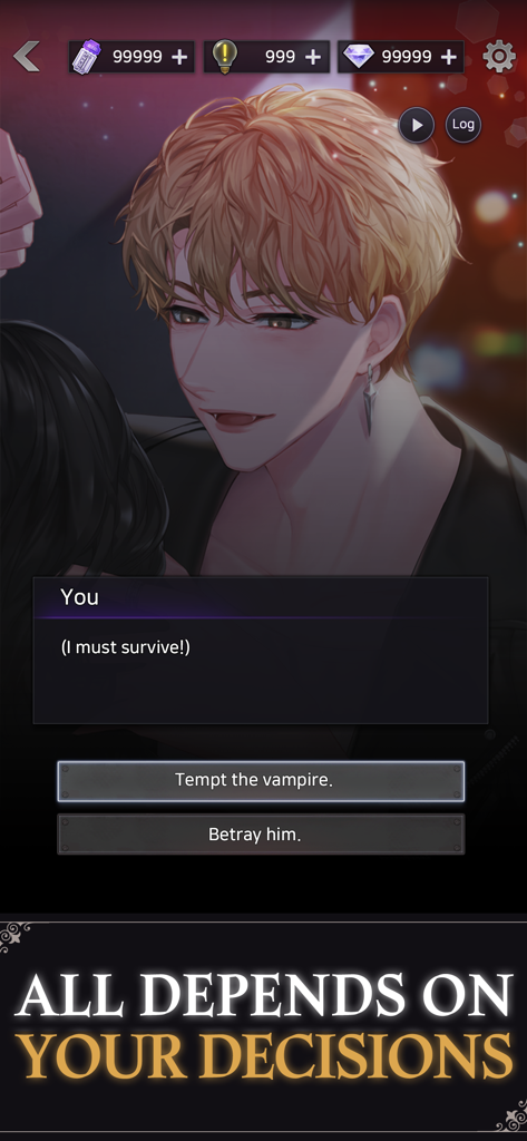 BloodKiss : Vampire romance - Blood Kiss interactive otome game screen showing a blonde vampire and player choice buttons.