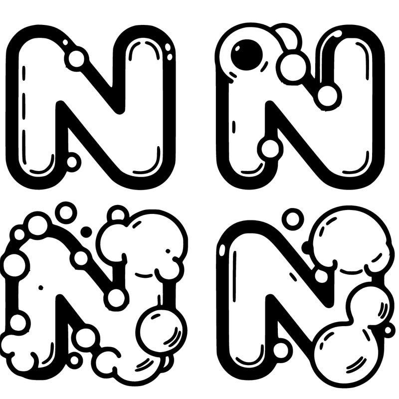 the letter n in bubble letter split four ways