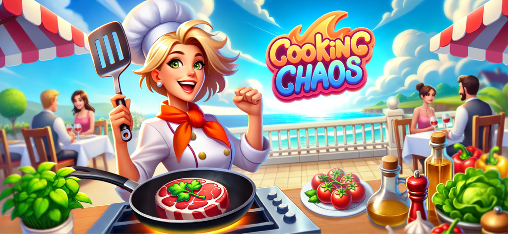 Cooking Chaos Cooking Games - Chef femenina feliz cocinando un filete en un restaurante frente al mar.