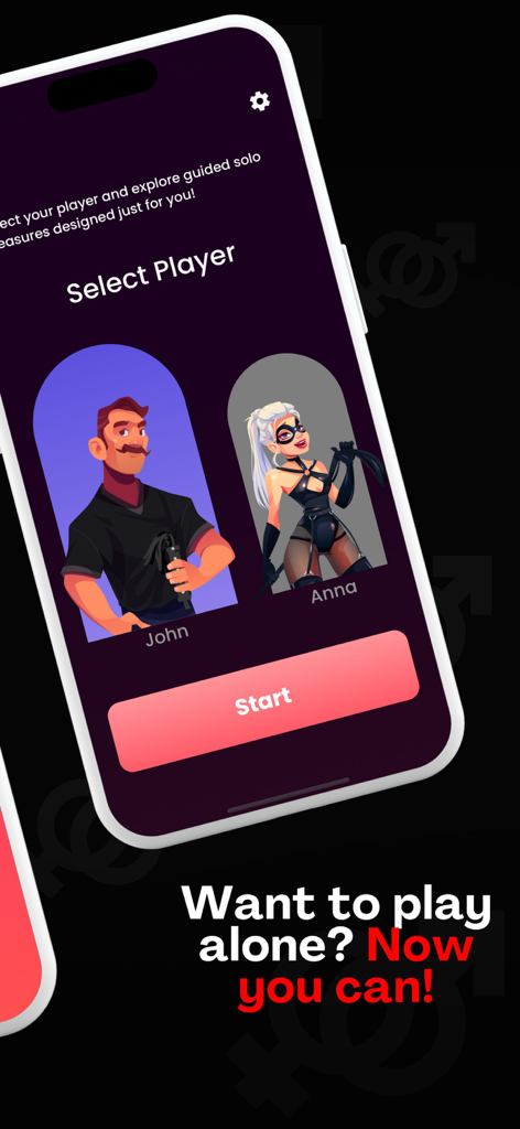 Mobile App-Bildschirm, der eine Spieler-Auswahl-Oberfläche für Solospiele mit zwei Charakteroptionen namens John und Anna zeigt