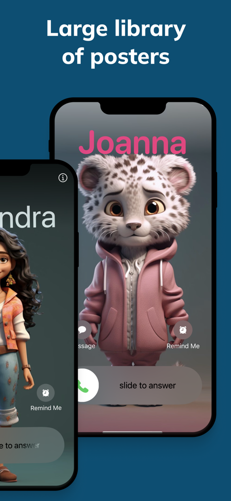 PosterFy: Caller Art - Two iPhones displaying custom animated contact posters with whimsical characters for incoming calls