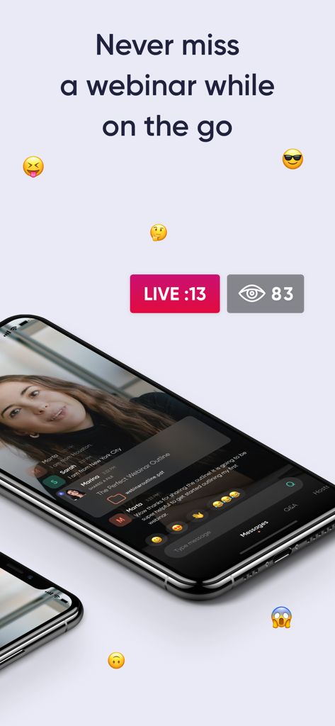 A smartphone showing a live webinar interface with a presenter, chat messages, and viewer count in the Webby App.