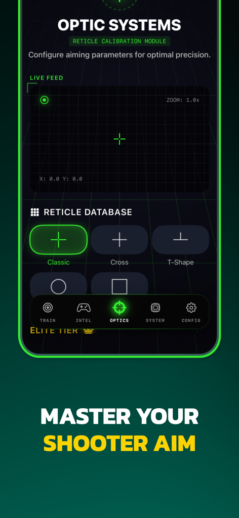 Interface de l'application Crosshair V2 montrant différents styles de réticule et outils de calibrage pour les jeux de tir