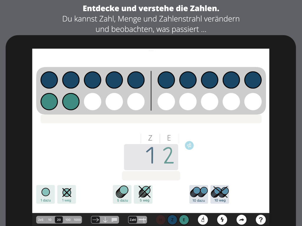 Zahlenfeld - Digital twenty-frame showing twelve tokens with a place value display