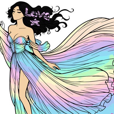 realistic woman in dress flowing the the wind