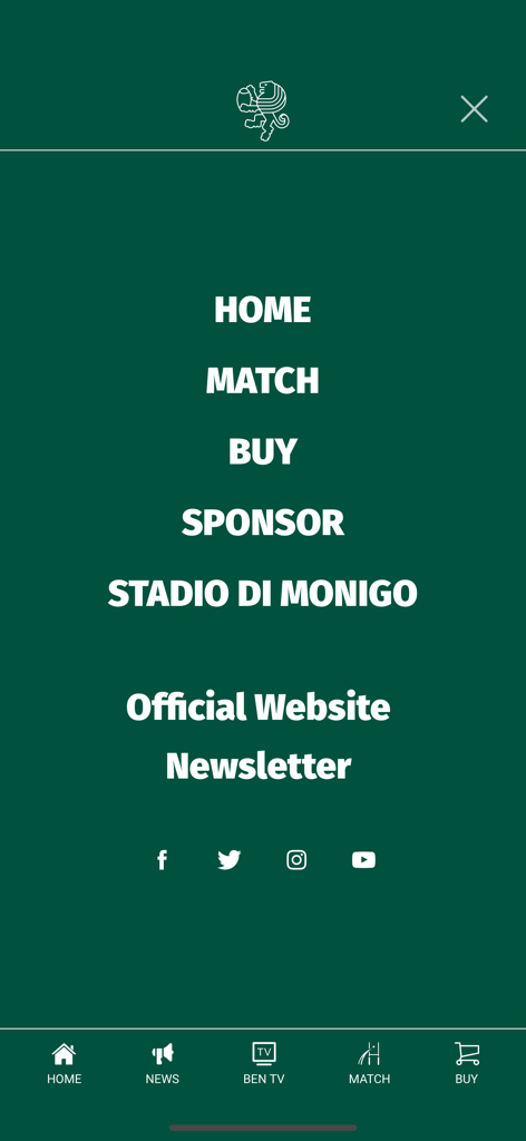 Benetton Rugby Official App - Main navigation menu of the Benetton Rugby official app with links to matches news and team shop