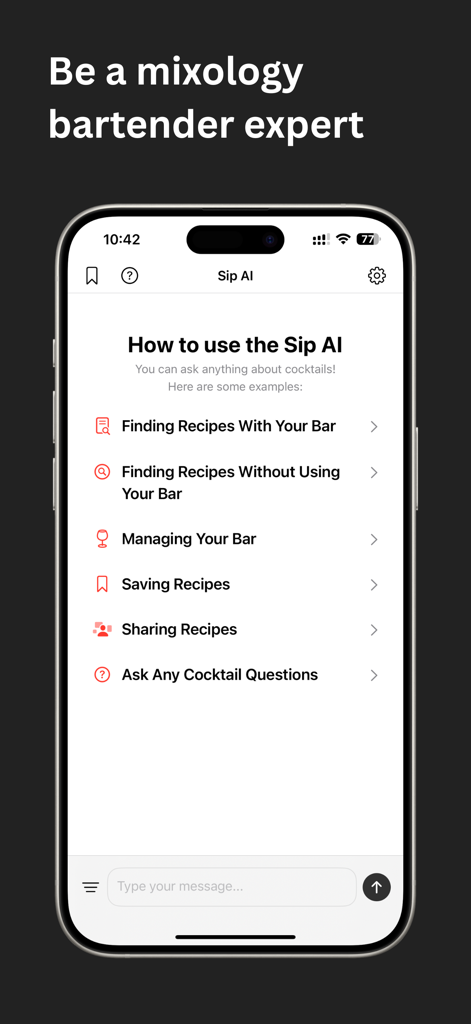 Cocktail Recipes -  Sip AI - Sip AI app interface with cocktail recipe and bar management options