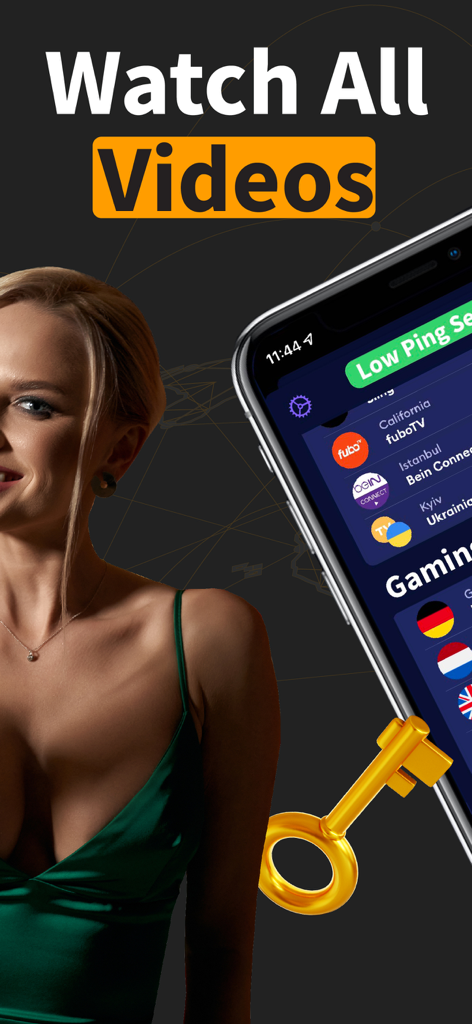 Smartphone displaying HelloVPN app with global servers for streaming and gaming next to a golden key