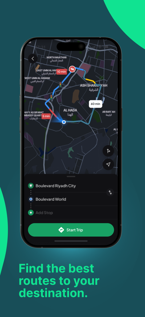 HudHud Maps - HudHud Maps mobile app interface showing turn-by-turn navigation routes and destination planning in Riyadh
