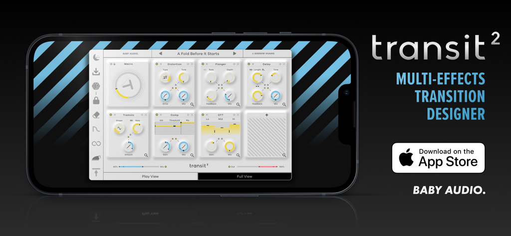Transit 2 - Baby Audio - Interface de l'application Transit 2 multi-effets de conception de transitions montrant les modules d'effets sur un smartphone.