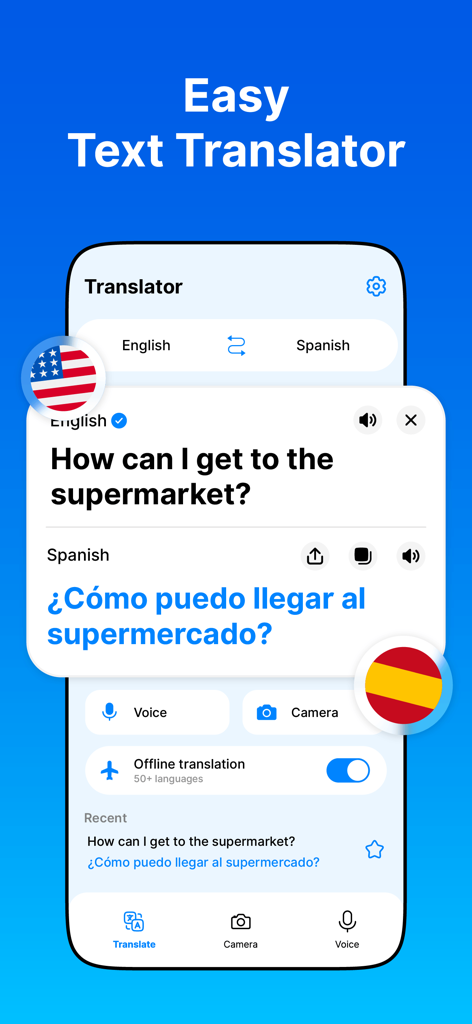 Translator・Photo Translator - Mobile app interface showing a text translation from English to Spanish for a travel question