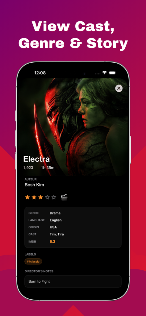 Movies Box 2026 - Interface do aplicativo Movies Box 2026 mostrando informações detalhadas do filme, incluindo elenco, gênero e notas do diretor em um tema escuro.