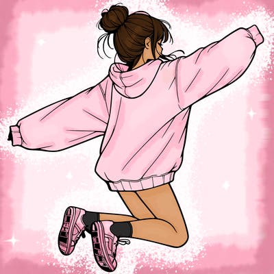 realistic girl jumping with a bun and oversized sweatshirt