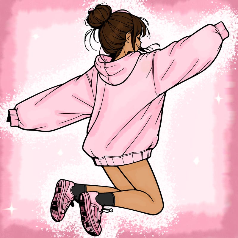 realistic girl jumping with a bun and oversized sweatshirt