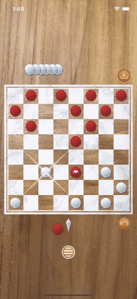 Checkers game - 빨간색과 흰색 말이 대리석 보드와 나무 배경에 놓인 체커 게임 진행 모습