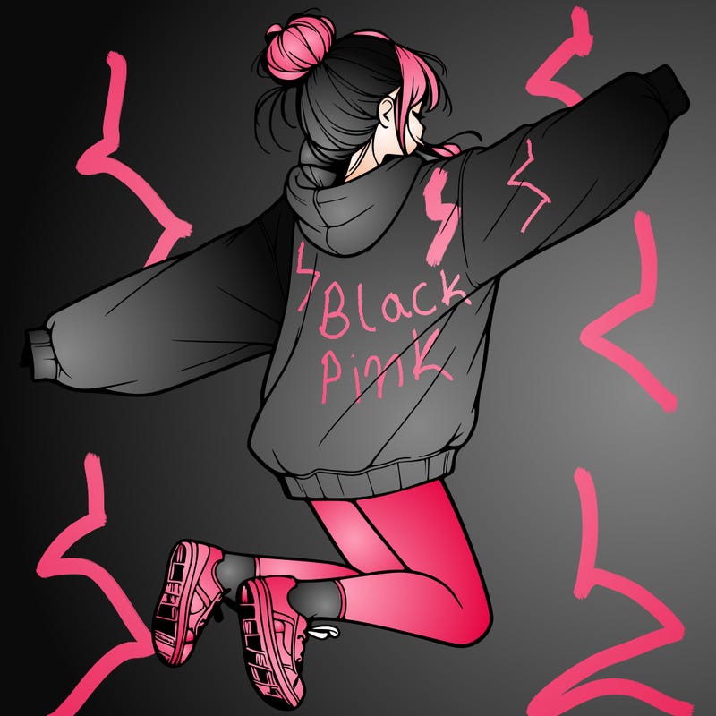 realistic girl jumping with a bun and oversized sweatshirt