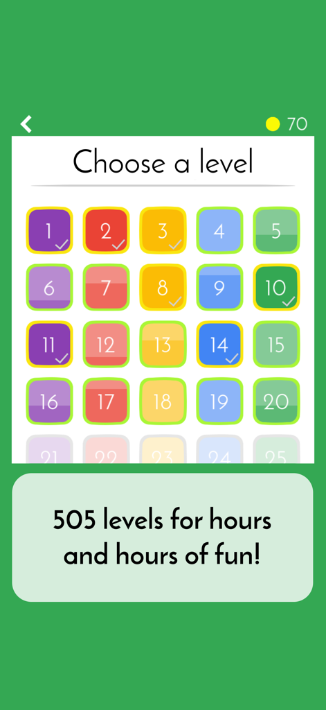 Guess 5 Words Quiz level selection screen showing a colorful grid of numbered game levels and 505 total levels available.