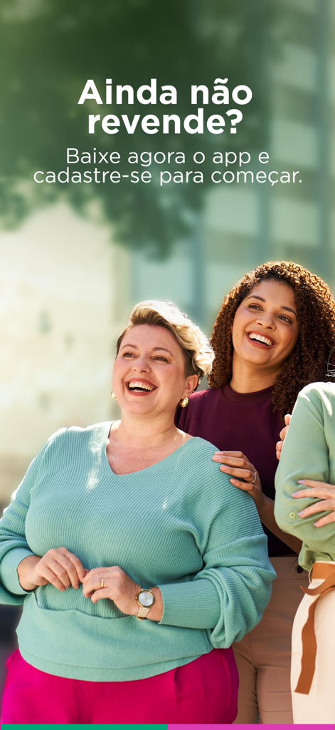 Two smiling women on a screen promoting registration for the Boticario reseller app