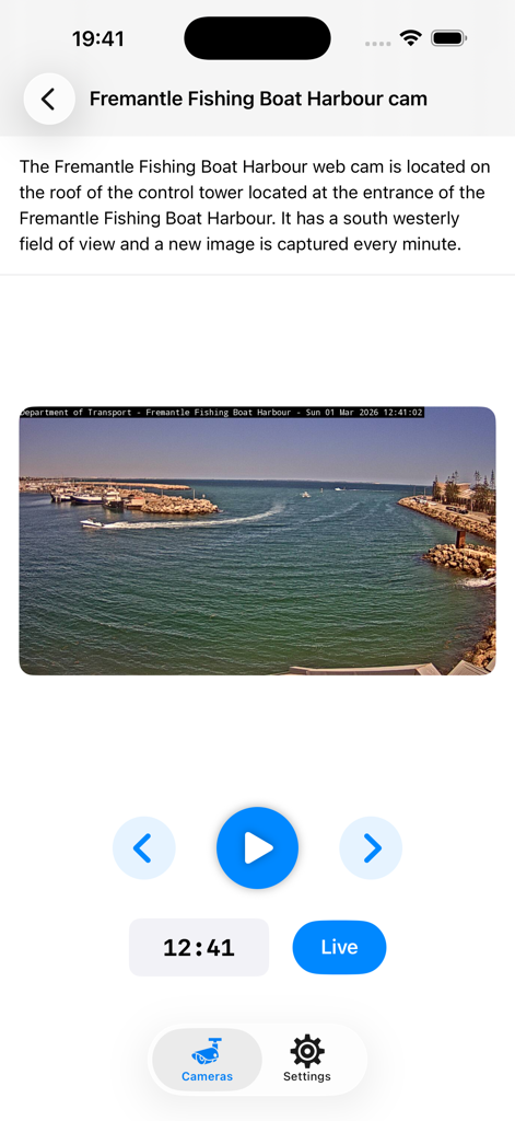 Live webcam feed of Fremantle Fishing Boat Harbour in the Traffic Cameras Australia app