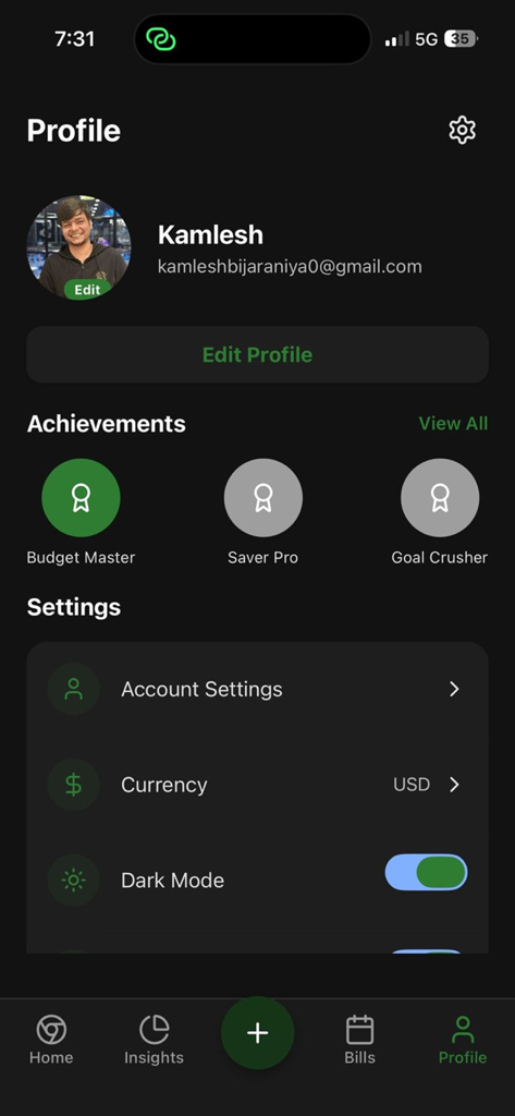 Budget Buddy: Save & Track - User profile screen of the Budget Buddy app displaying achievements and settings like currency and dark mode.