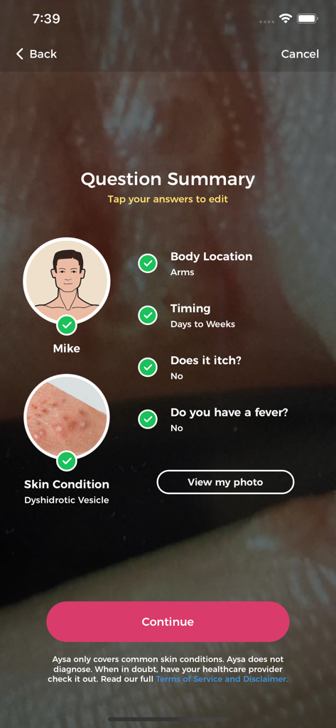 Aysa app question summary screen showing user inputs for a skin condition check including location timing and symptoms