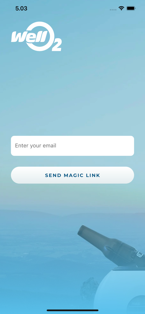 WellO2アプリのログイン画面、メール入力とマジックリンクボタン付き