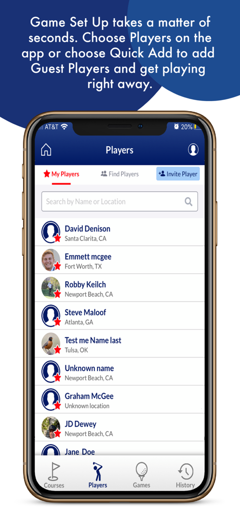 Golf Bettor app screen showing a list of players with names and locations for easy game setup.