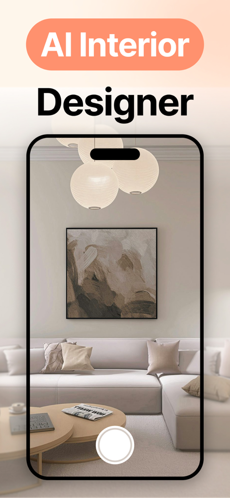 Interface do aplicativo AI Interior Designer exibindo uma reformulação de sala de estar moderna através da visualização da câmera de um smartphone