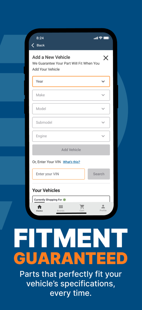 Interfaz de la aplicación CarParts.com que muestra la pantalla Agregar un vehículo nuevo con garantía de ajuste y selector de VIN.