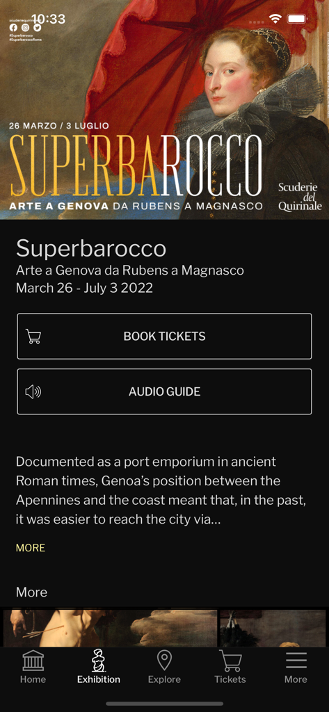 Scuderie del Quirinale - Scuderie del Quirinale App zeigt Details zur Superbarocco-Ausstellung mit Schaltflächen zum Buchen von Tickets und Audioguides an