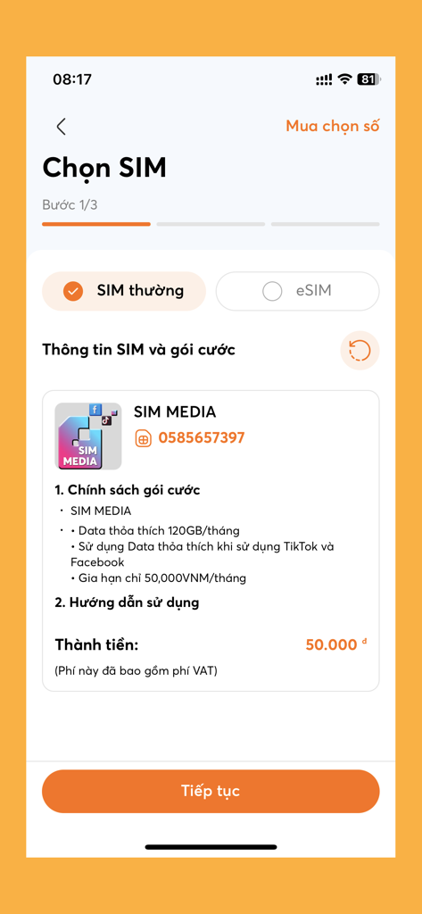 Vietnamobile - Vietnamobile app screen for choosing a SIM card and data plan package