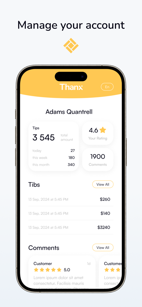 Thanx - Thanx app manage account screen for service workers showing tips and ratings