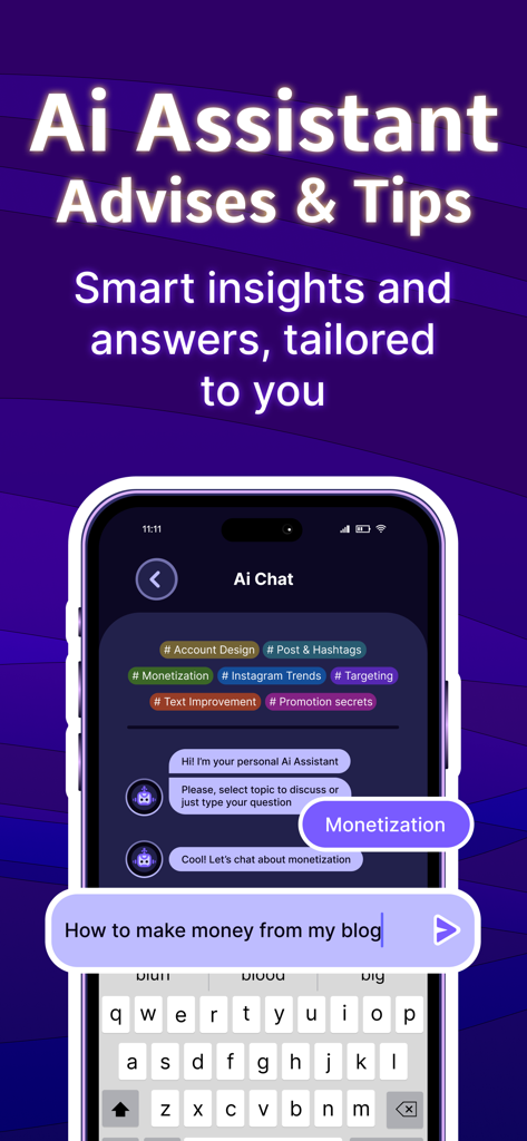 Interfaz de chat de IA que muestra consejos de monetización y crecimiento para creadores de contenido