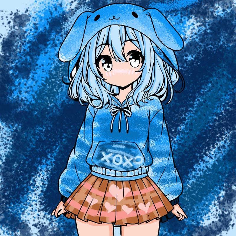 pretty anime girl wearing a fluffy hoodie with bunny ears on the hood and a skirt