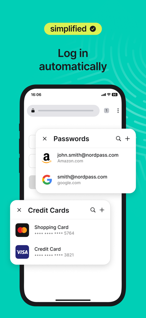 NordPass mobile app interface showing automatic login options for saved passwords and credit cards.