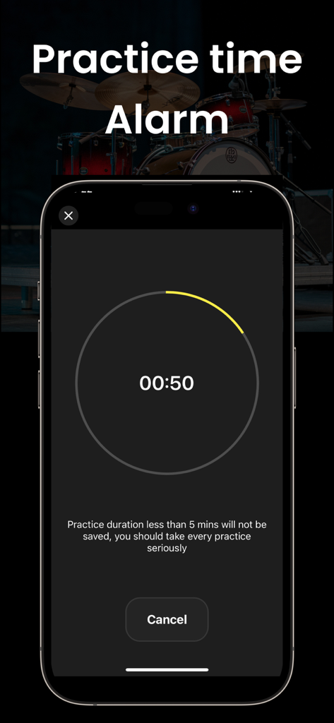 Drums Machine & Drum Set - A mobile interface from the Drums Machine app showing a countdown timer for a practice session with a background image of a drum kit.