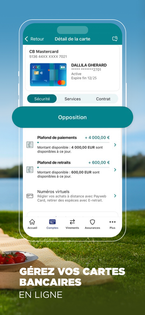 CIC mobile app interface for managing bank card limits and security features