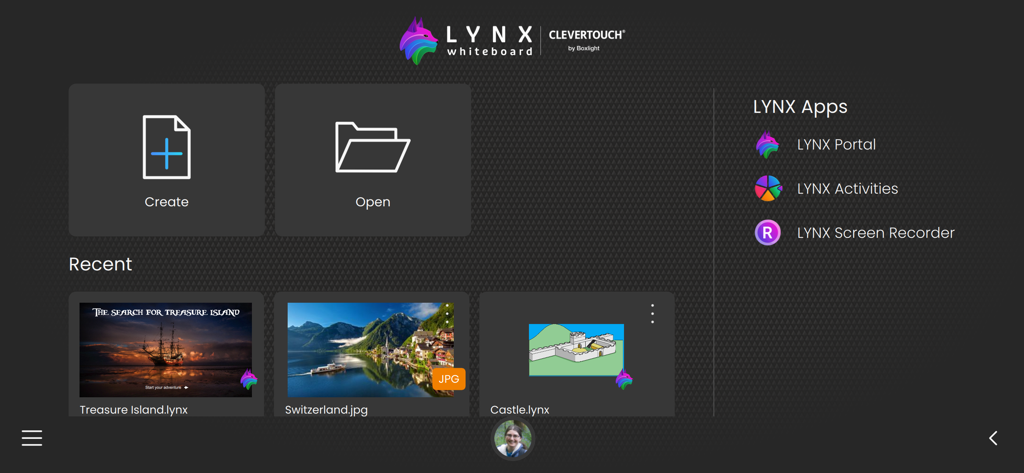 LYNX Whiteboard app home screen displaying buttons to create or open projects and a section for recent files