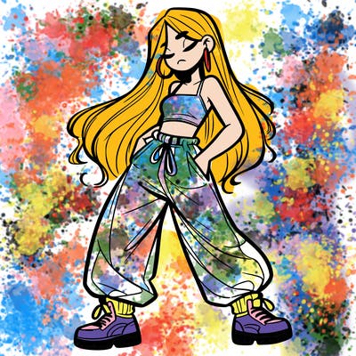 girl in baggy pants crop top and long hair