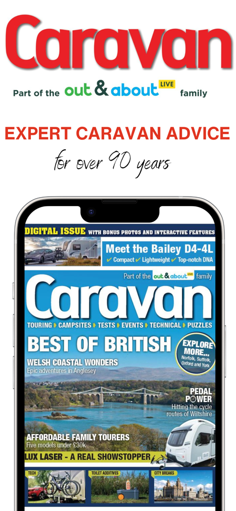 Caravan Magazine - A smartphone displaying the digital cover of Caravan Magazine with expert advice and travel destinations.