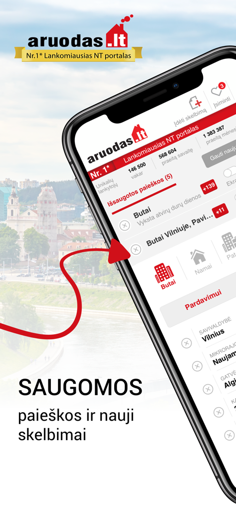 Aruodas.lt real estate app interface showing saved property searches and new listings alerts