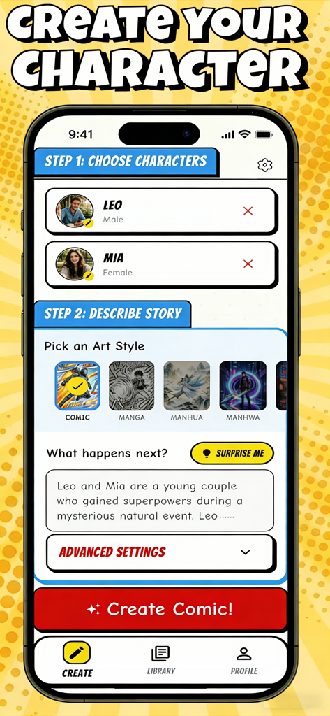 Interfaz de la aplicación móvil ARTAI mostrando los pasos para elegir personajes y estilos de arte para la generación de cómics con IA.