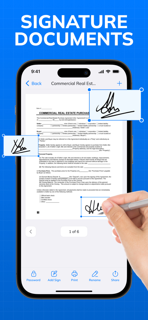 JPEG & Image To PDF Converter - An iPhone screen showing a real estate contract being digitally signed with a stylus using the PDF converter app