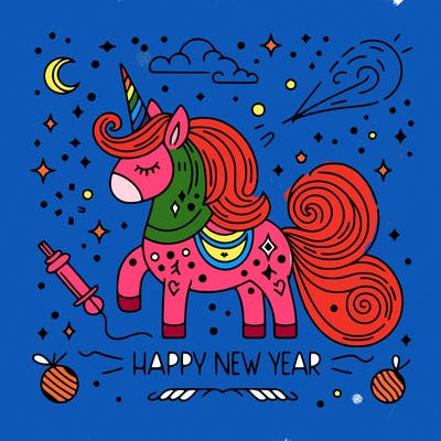 happy new year illustration calligraphic style outline; thin lines; light colors