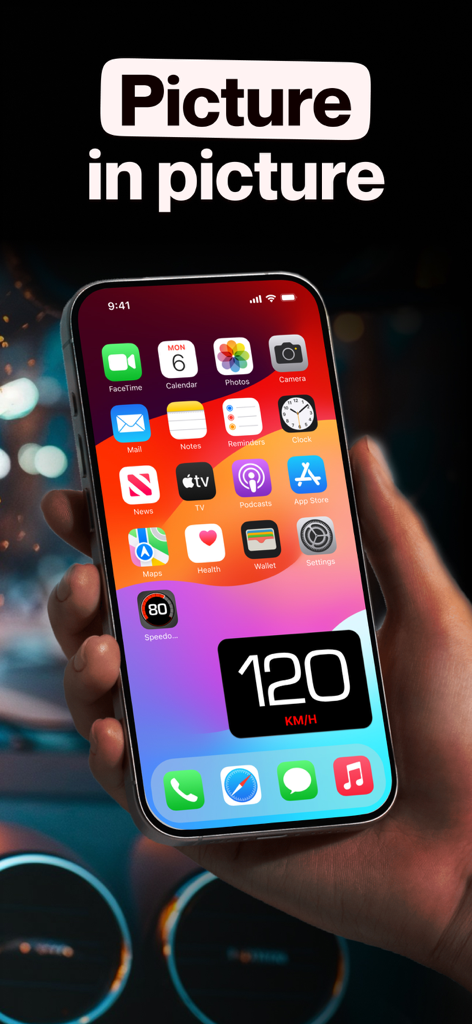 GPS Speedometer MPH Tracker - Aplicación GPS Speedometer mostrando la superposición del modo Picture in Picture en la pantalla de inicio de un iPhone.