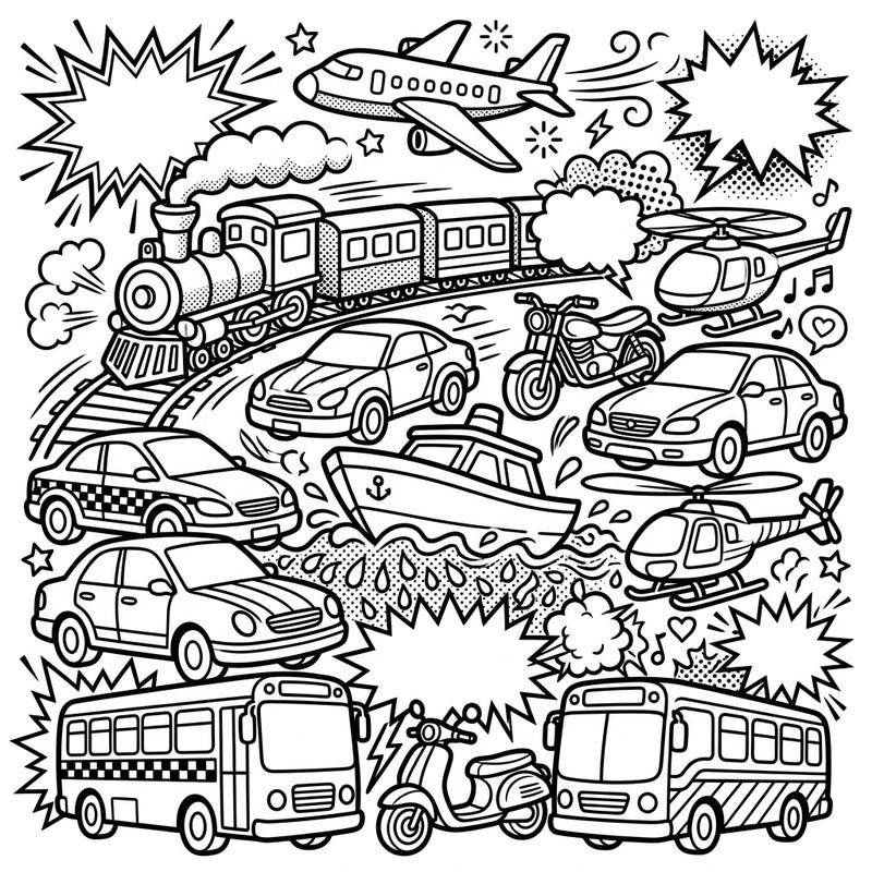 Dive into a bustling world of transportation with this exciting Pop Art vehicle coloring page. Featuring cars, trains, planes, and more, it's a dynamic adventure for your crayons and markers.