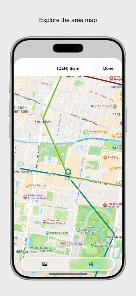 Area map feature showing Siam station in the Bangkok City Metro app