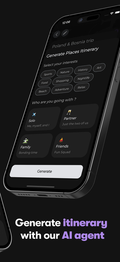 Tripnote app interface showing the AI itinerary generation screen with interest selection and travel companion options.