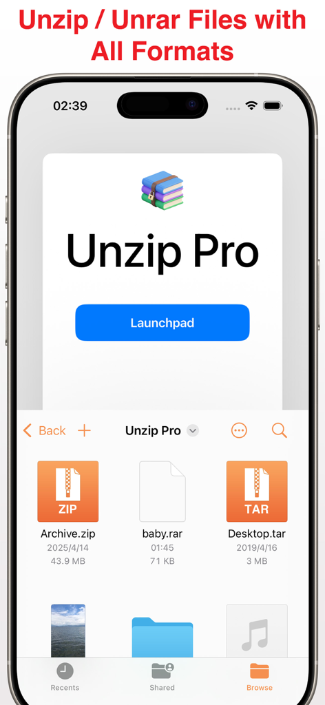 Interface of Unzip Pro app displaying a variety of compressed file formats including ZIP and RAR